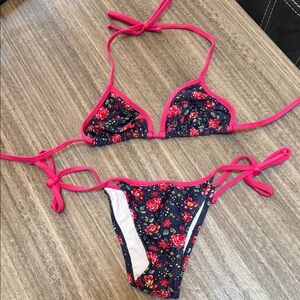 Floral Pink Trim Brazilian Bikini Set